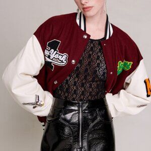 Maje  appliquéd wool-blend felt bomber jacket in Burgundy Ecru NWT $685